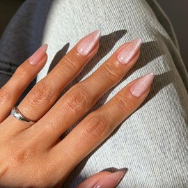 KQueenest Light Pink Glitter Press on Nails Short Almond with UV Coating, Thick Cat Eye Fake Nails Press on, Sparkle Shinny Acrylic False Nails Cute, 30 Pcs Acrylic Nails for Women Party Wear