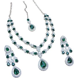 Parshwa Creation Juego de abalorio de resina verde baadas en rodio, aleacin, diamantes de imitacin con collar, arete y Maang Tikka, diseo de doble capa, acabado plateado, ropa de boda y novia