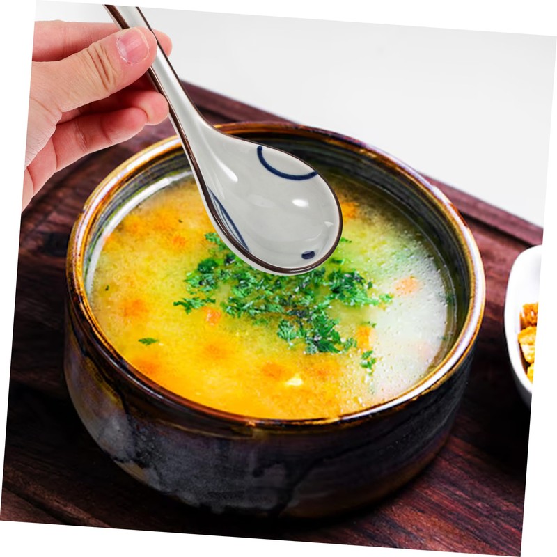 SHOWERORO 6pcs Long Handled Ceramic Soup Spoons Elegant Asian Serving