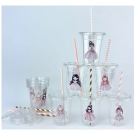 Pink Princess Party Cups with Lids & Straws, Disposable Drink or Favor Containers, Set of 12