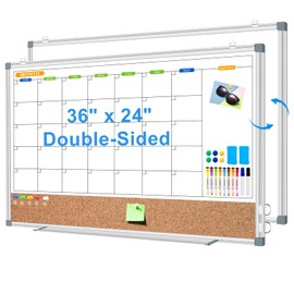 CALENBO Monthly White Board Calendar Dry Erase Cork Board Combo for Wall, Double-Sided 36" x 24" Magnetic Calendar Whiteboard & Bulletin Board, Portable Dry Erase Board for Home, Office, School