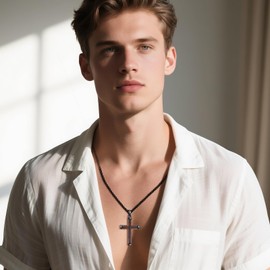 HBLICY Wooden Cross Necklace for Men Sterling Silver Black Cross Pendant Necklace Christian Christmas Jewelry Gifts