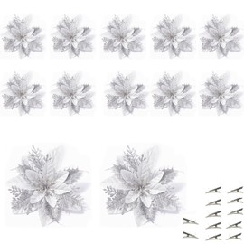 Glitter Poinsettia, Glitter Christmas Tree Decoration, Pack of 12 Christmas Flowers, Artificial Christmas Tree, Christmas Wreath, Christmas Flowers Decoration, Hanging Christmas Tree (Gold Red)