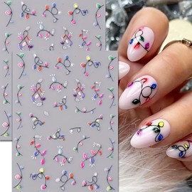 2Pcs 5D Embossed Christmas Colorful Light Nail Art Stickers, Self-Adhesive Neon Lamp Design, Glittery Manicure Tips Christmas Nail Art Supplies Manicure Decal for Women New Year Nail Decoration