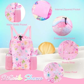 RHCPFOVR Butterfly Swim Bags for Kids - Drawstring Backpack for Girls Beach Swimming Pool Lightweight Draw String Bags Waterproof Sports Gym Bag With Two Water Bottle Holder