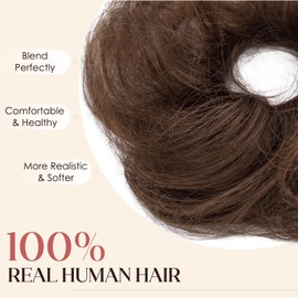 Hairro Messy Bun Hair Piece for Women, 100% Real Human Hair Updo Scrunchies Curly Wavy Fake Bun Hairpiece Extensions, Medium Brown