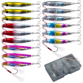 Goture Fishing Jigs, 30g 15Pcs Vertical Jig Saltwater Freshwater, Jig Fishing Lures with Assist Hook and Treble Hook, Fishing Jigging Spoon Lures with Tackle Box, Fishing Jig for Tuna, Salmon, Bass