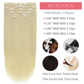 Loxxy Clip in Hair Extensions Real Human Hair,Remy Platinum Blonde Seamless Human Hair Clip in Extensions For Women,18Inch 130G 7Pcs Silky Straight PU Clip ins Thick Human Hair