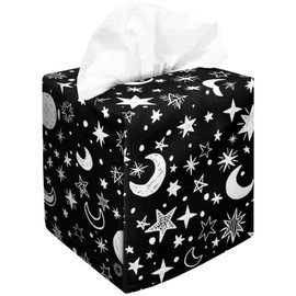 Tissue Box Cover Square Velvet Decorative Tissue Box Holder Cute Funny Cube Tissue Case Cover-Moon and Star Black Tissue Box Cover