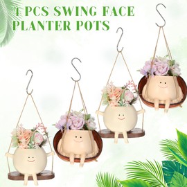 Nuogo 4 Pcs Swing Face Flower Pot Hanging Planter Outdoor Indoor Cute Flower Succulent Plant Swing Pot Resin Swinging Plant Hanger Smile Hanging Head Planter for Father Teacher Gifts, 2 Styles