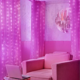 Lezonic Curtain Fairy Light, 3m×3m 300LED 8 Modes Remote Control Fairy Light, Curtain Lights USB Plug in for Bedroom, Garden, Party, Wedding, Christmas Decoration (Pink)