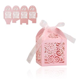 50 Pack Laser Cut Wedding Favor Boxes with Hollow Design and Ribbons - Small Gift Boxes for Bridal Shower, Baby Shower, Birthday Party, Anniversary, and Special Events(Pink