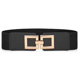 JasGood Women's Wide Elastic Waist Belt Vintage Waist Belt Stretchy Dresses Belt with Golden Buckle, black