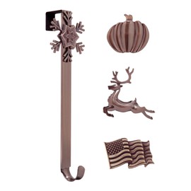 Haute Decor Adjustable Length Metal Wreath Hanger with 4 Interchangeable Icons - Oil-Rubbed Bronze (American Flag/Pumpkin/Snowflake/Reindeer) 4 Wreath Hangers in 1, for Every Season