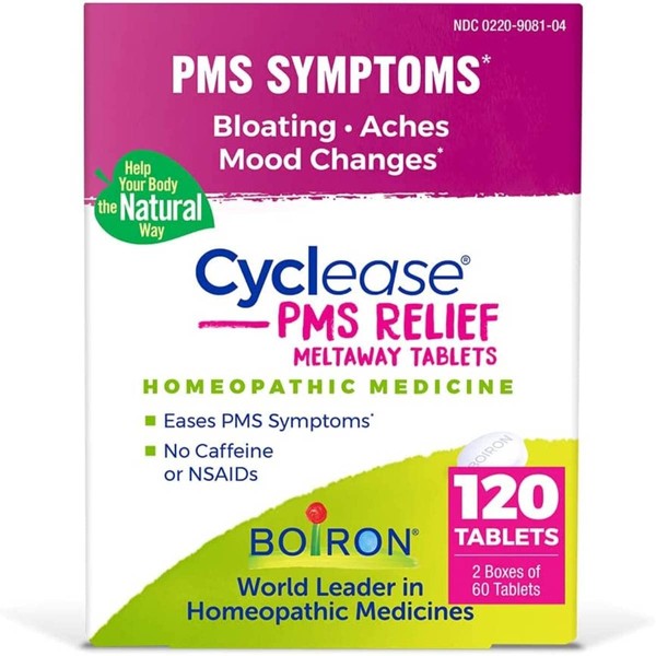 Boiron Cyclease PMS Relief Tablets for Symptoms from PMS of Bloating, Aches, Mood Swings, and Irritability - 120 Count (2 Pack of 60)