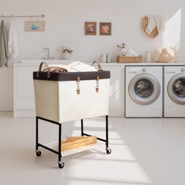 StorageWorks Laundry Cart, 2 Tier Rolling Basket with Wheels, 29 Gal, Beige