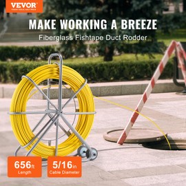 VEVOR Fish Tape Fiberglass, 656 ft, 5/16 in, Duct Rodder Fishtape Wire Puller, Cable Running Rod with Steel Reel Stand, 3 Pulling Heads, Fishing Tools for Walls and Electrical Conduit, Non-Conductive