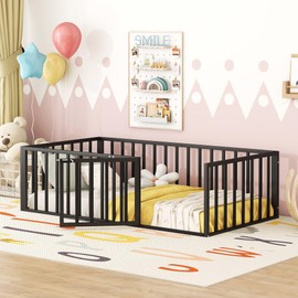 Acosure Twin Size Metal Floor Bed Frame with Fence & Door,Montessori Bedframe,No Box Spring Needed,Easy to Install,Bedroom Furniture for Kids Toddlers Boys Girls,Black