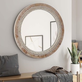 Haigopa 24 Inch Round Wood Mirror with Carved Beaded Frame, Rustic Farmhouse Wall Mirror