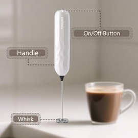 RAYONNER Milk Frother Handheld with Stand, Fast Powerful Drink Mixer with Stainless Steel Whisk for Coffee, Battery operated (White with Stand)