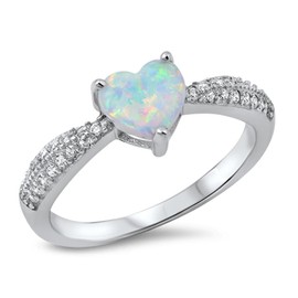 White Simulated Opal Heart Promise Ring .925 Sterling Silver Cluster Band Size 5