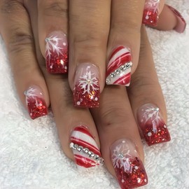 24Pcs Snowflake Press on Nails Christmas Fake Nails Glitter Snowflake French Tip False Nails with Nail Rhinestones Full Cover Nails, Xmas Holiday Red Stick on Nails for Winter DIY Manicure Decorations