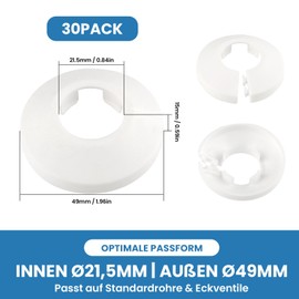 Pack of 30 Heating Pipe Rosette White, Rosettes for Radiator Pipes, Radiator Rosette, Heating Pipe Cover, Rosette Heating Pipe, Click Rosettes 21.5 mm Inside, 49 mm Outside, Flexible and Reusable