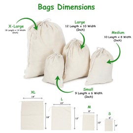 Emsavior Reusable Cotton Storage Produce Bags With Drawstrings Medium 8x10 inch (12 Psc), Muslin Bags - For Bulk Food Storage, Vegetable, fruit, Food, Snack, Footwear, Toys Storage Bag