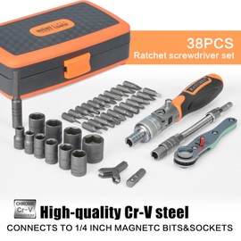 nutmanel Tool Set, Socket Spanner Set, 38 Pieces, Ratchet Box with 1/4 Inch Reversible Ratchet, Tool Box, Cr-V, Bit Set, Screwdriver Tool Box for Car