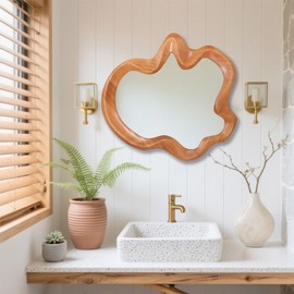 Gluck Plants Irregular Wall Mirror,Walnut Wooden Framed Asymmetrical Farmhouse Modern Unique Cloud Wavy Wood Mirror for Bathroom Living Room Bedroom Entryway Hallway,21x20