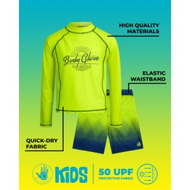 Body Glove Boys Swim Set - 2 Piece UPF 50+ Swim Trunks and Rash Guard for Boys Kids Swimwear Set (Sizes: 4-12), Size 7, Neon Green/Blue