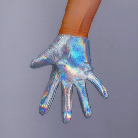 DooWay Stylish Short Leather Gloves for Women Full Palm Faux Patent PU 6 inches Shine Hologram Silver
