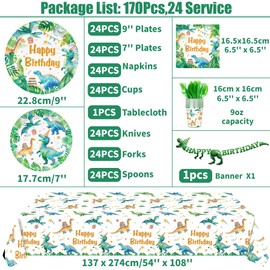 170pcs Dinosaur Birthday Party Supplies Paper Plates Napkins Disposable Tableware Set Paper Cups Birthday Banner Tablecloth Watercolor Dinosaur Theme Party Decorations 24 Guests
