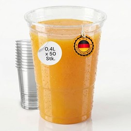 50 Stück Trinkbecher | Eichstrich 0,4l | Bierbecher Plastikbecher Einwegbecher aus Kunststoff PP (Polypropylen), Transparent klar | Ausschankbecher