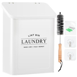 Candco Magnetic Lint Bin for Laundry Room, Metal Lint Container with Lid and Brush, Wall Mounted Lint Box for Dryer, Farmhouse Laundry Room Decor, White