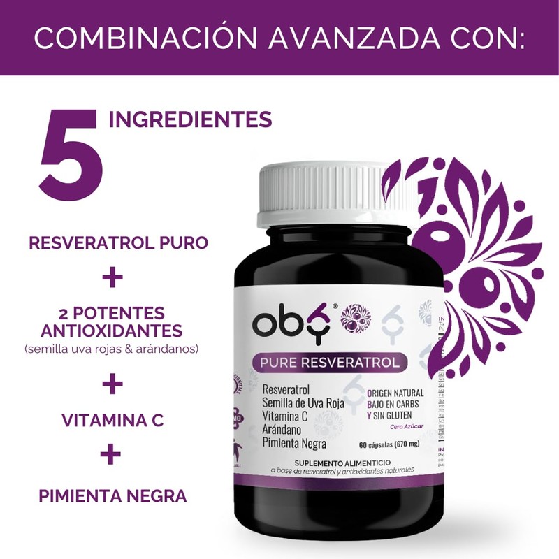 Oby Resveratrol Puro + Antioxidantes 1300 mg porcion, 60 capsulas: