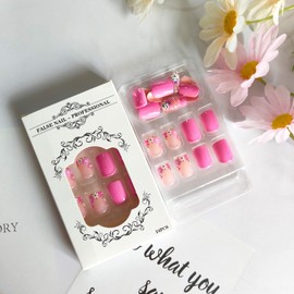 Pink Press on Nails Short Square Fake Nails with Pink Wreath Rabbit Design Glossy False Nails Pink Full Cover Glue on Nails Cute Easter Stick on Nails Artificial Nails for Women Girls 24 Pcs