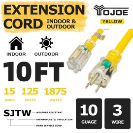 YOJOE 10 Foot 10/3 Lighted Outdoor Extension Cord - 10 Gauge 3 Prong SJTW Heavy Duty Yellow Extension Cable with 3 Prong Grounded Plug for Safety,UL Listed