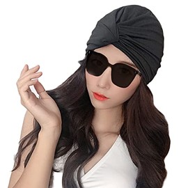Lopsity Womens Swim Cap Bathing Cap Turban Long Short Hair Pleated Knotted Swimming Cap Soft Beanie Cap for Women Girls (Black)