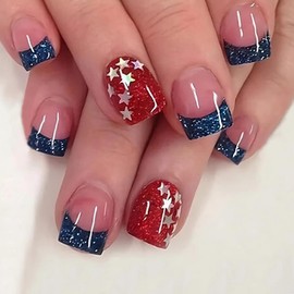 BABALAL Press on Nails Short Square Fake Nails USA Independence Day Design Glue ons Bling French Tip 24Pcs Squoval False Acrylic Nails 4th of July