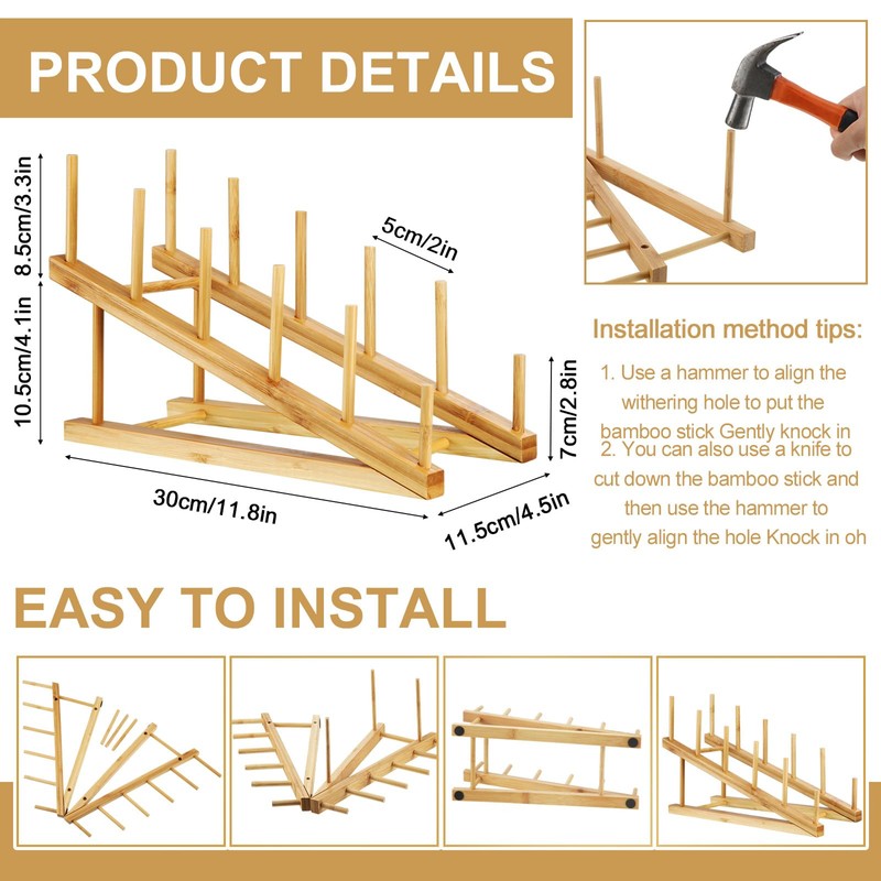 Suclain 10 Pcs Wooden Dish Rack Bamboo Drying Rack Stand