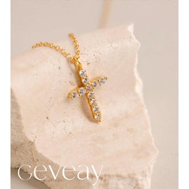 Geveay Gold Cross Necklaces for Women 14K Gold Cross Cubic Zirconia Chain Necklace Dainty Diamond Cross Pendant Necklace for Women 17+2" (43+5cm)