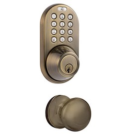 MiLocks DFK-02AQ Electronic Touchpad Entry Keyless Deadbolt and Passage Knob Combo, Antique Brass
