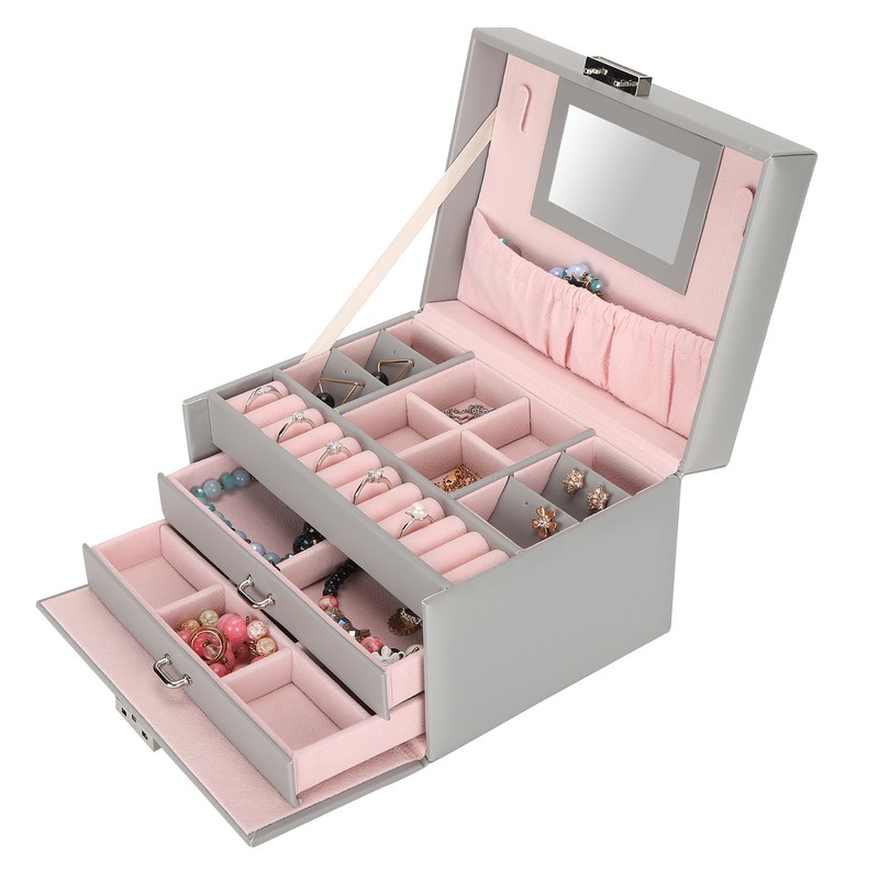 Three Layer Jewelry Storage Box PU Leather Necklace Rings Earrings