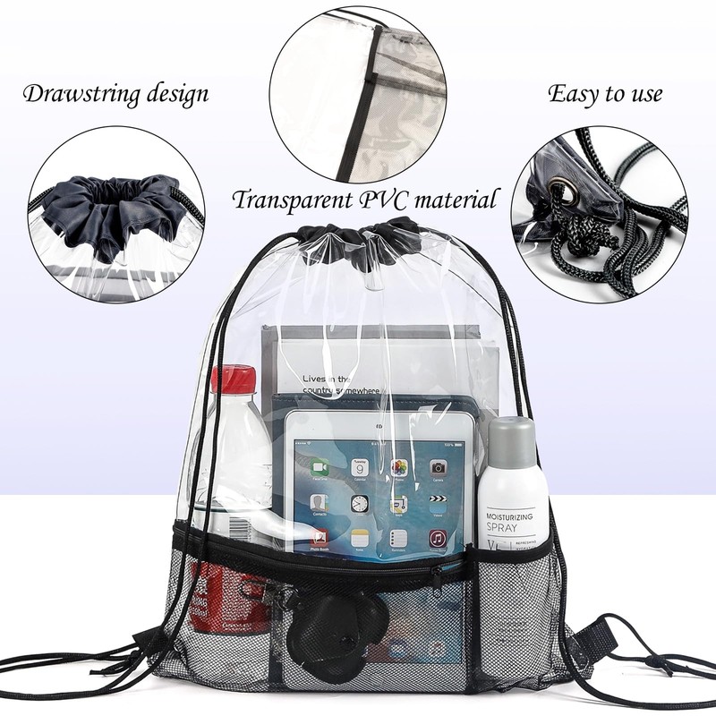 CINDALOG 2 Pack Clear Drawstring Bags, Waterproof Drawstring Backpack PVC