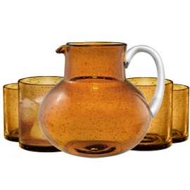 ARTLAND Iris 90oz Hand Blown Pitcher & Double Old Fashion 14oz Glasses (Set of 4) - Lead-Free Bubble Shape Glassware for Stylish Serving and Dining - Kitchen Essential & Table Decor (Amber)