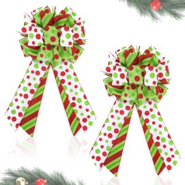 2 Pack Red Green Christmas Bows for Wreaths, Pre-Assembled 10 x 18 Inch Large Christmas Tree Topper Bow Ribbon Xmas Decorations Glitter Polka Dots Ornaments for Trees Garlands Indoor Outdoor Decors
