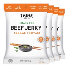 Think Jerky Sesame Teriyaki Beef Jerky, Grass-Fed High Protein Beef Jerky, Gluten Free, No Antibiotics or Nitrates, Healthy Chef Crafted Recipe, Low Calorie and Low Fat - 2.2 oz Bags, 4 Pack
