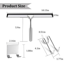 Windran 10-Inch Shower Squeegee for Glass Doors, Stainless Steel Shower Squeegee with Shower Door Hook & Adhesive Hook, Multi-Purpose Bathroom Squeegee for Glass, Door, Mirror and Window (Silver)