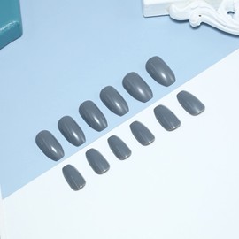 Inilbran Coffin Press on Nails Shiny Glue on Nails Medium Length Coffin Artificial Nails French Ballerina for Sticking Blue Fingernails Plain Acrylic Nails with Complete 24 Pieces